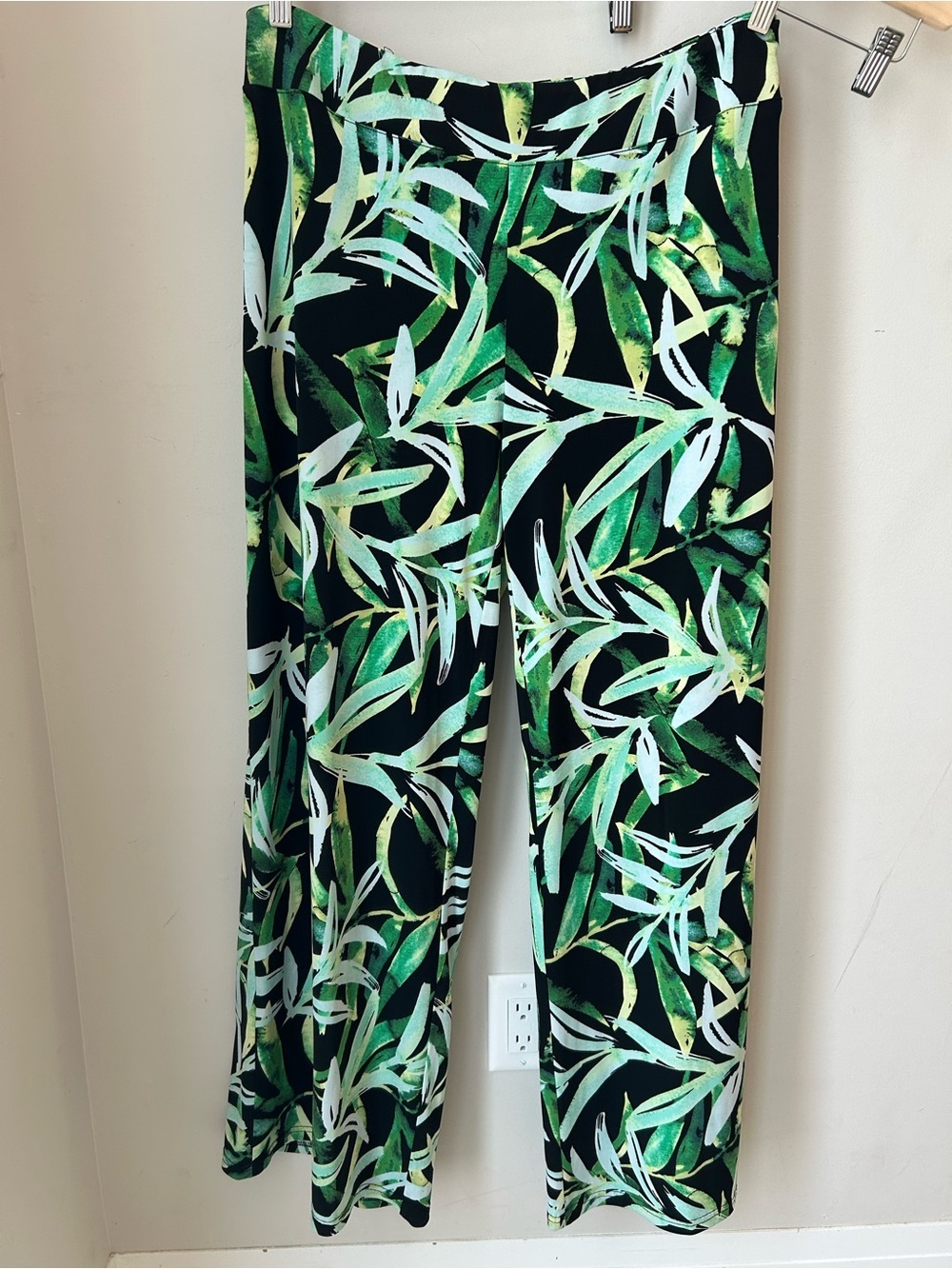 Tropical Green Leaf Print Wide Leg Pants